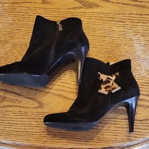 NWOT Talbots Black High Suede Heel Booty With A Cow Hide Embelishment On Side
